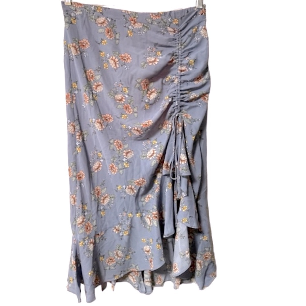 MAX STUDIO Bubble Crepe Side Cinched Skirt Blue Floral Size Large (runs smaller) - Picture 3 of 9